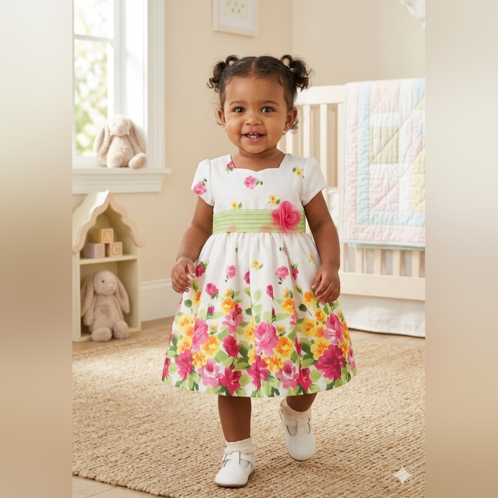 Iris & Ivy Floral Dress with Green Waistband Matching Diaper Cover Size 18M